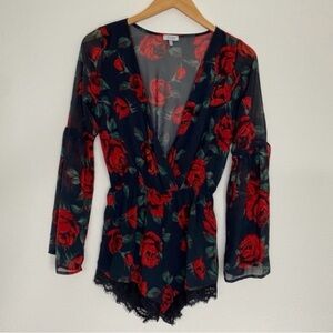 Tobi Women Black Smell the Roses Floral Bell Sleeve Short Romper Size Small Boho